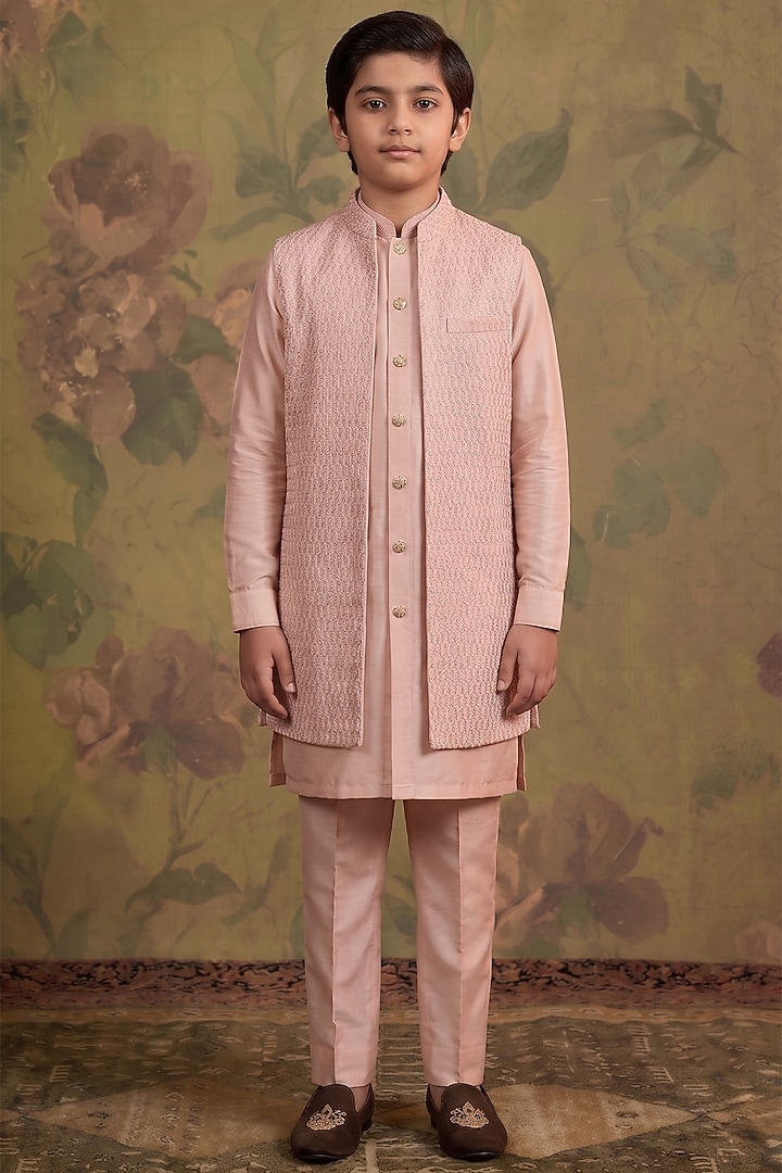 Rose Pink Silk Zari Embroidered Indowestern Set For Boys by Vanshik Kids at Pernia's Pop Up Shop
