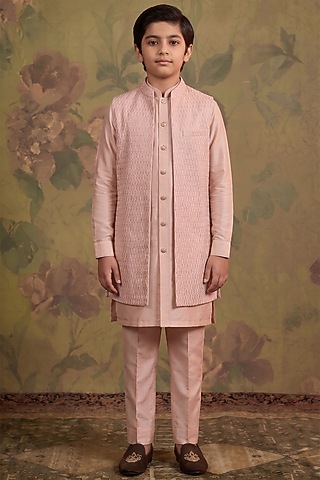 Rose Pink Silk Zari Embroidered Indowestern Set For Boys by Vanshik Kids