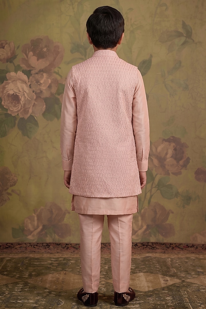 Rose Pink Silk Zari Embroidered Indowestern Set For Boys by Vanshik Kids at Pernia's Pop Up Shop