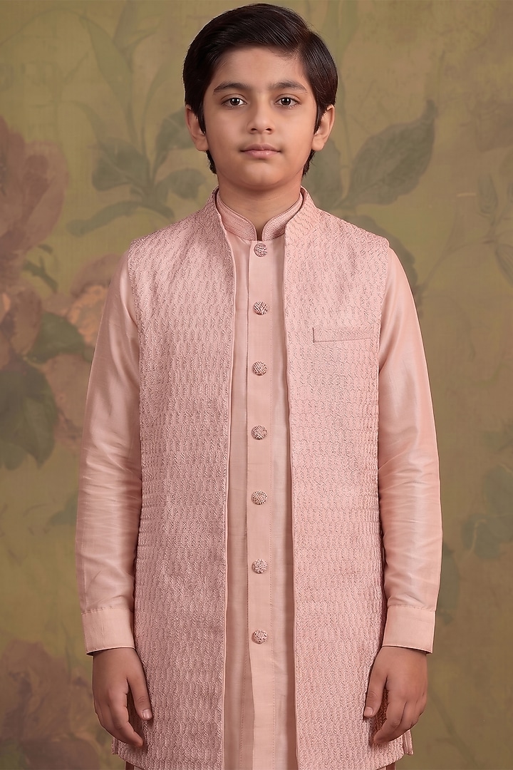 Rose Pink Silk Zari Embroidered Indowestern Set For Boys by Vanshik Kids at Pernia's Pop Up Shop