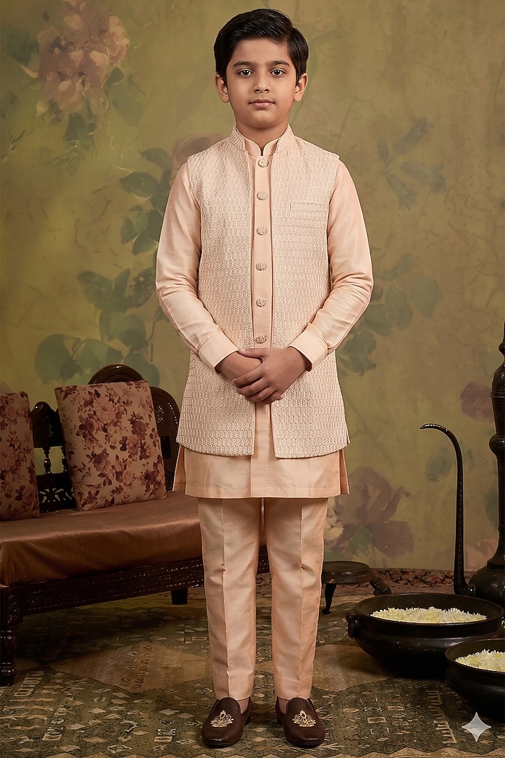 Peach Silk Zari Embroidered Indowestern Set For Boys by Vanshik Kids at Pernia's Pop Up Shop