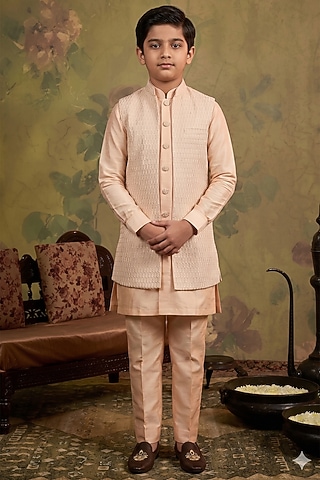 Peach Silk Zari Embroidered Indowestern Set For Boys by Vanshik Kids