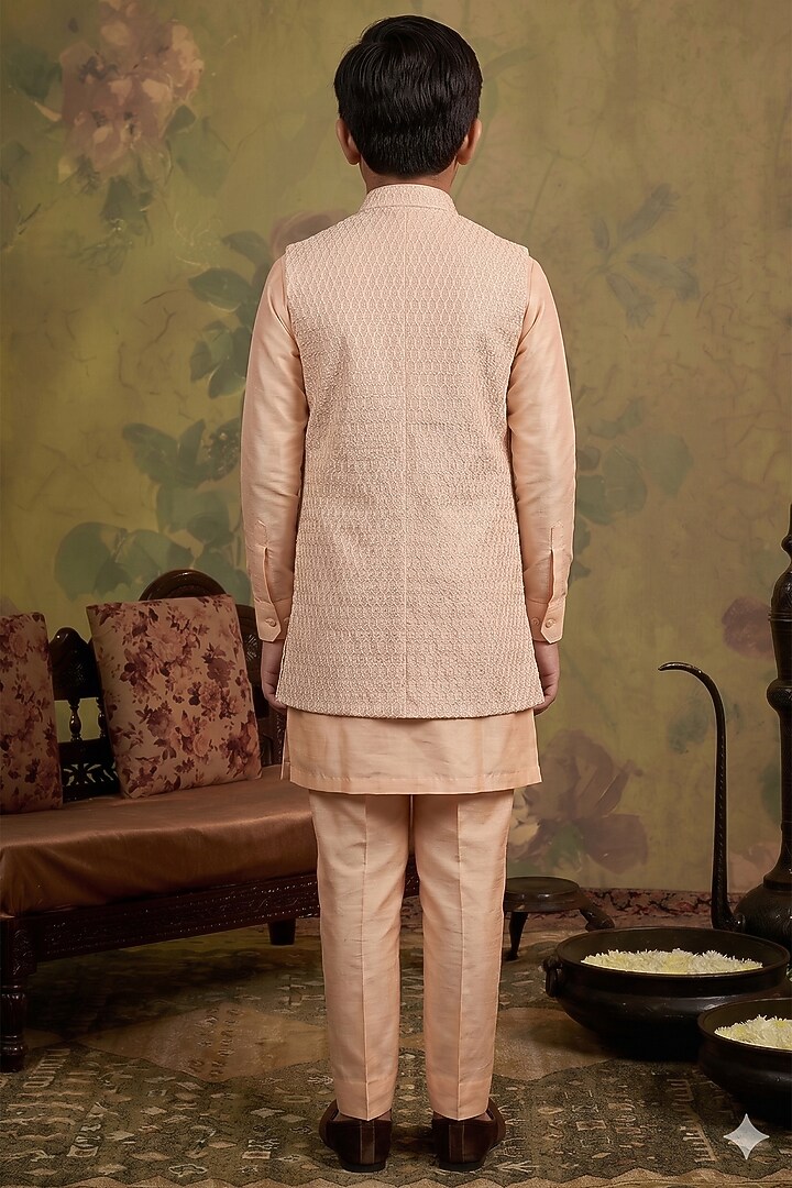 Peach Silk Zari Embroidered Indowestern Set For Boys by Vanshik Kids at Pernia's Pop Up Shop