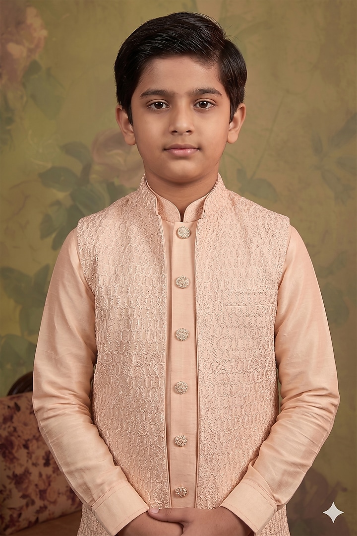 Peach Silk Zari Embroidered Indowestern Set For Boys by Vanshik Kids at Pernia's Pop Up Shop