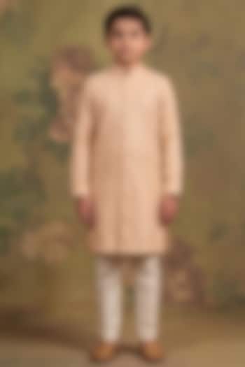 Peach Soft Silk Sequin Embroidered Kurta Set For Boys by Vanshik Kids at Pernia's Pop Up Shop