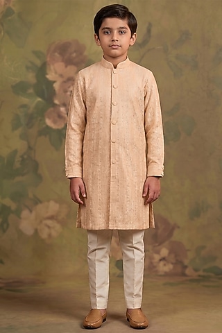 Peach Soft Silk Sequin Embroidered Kurta Set For Boys by Vanshik Kids