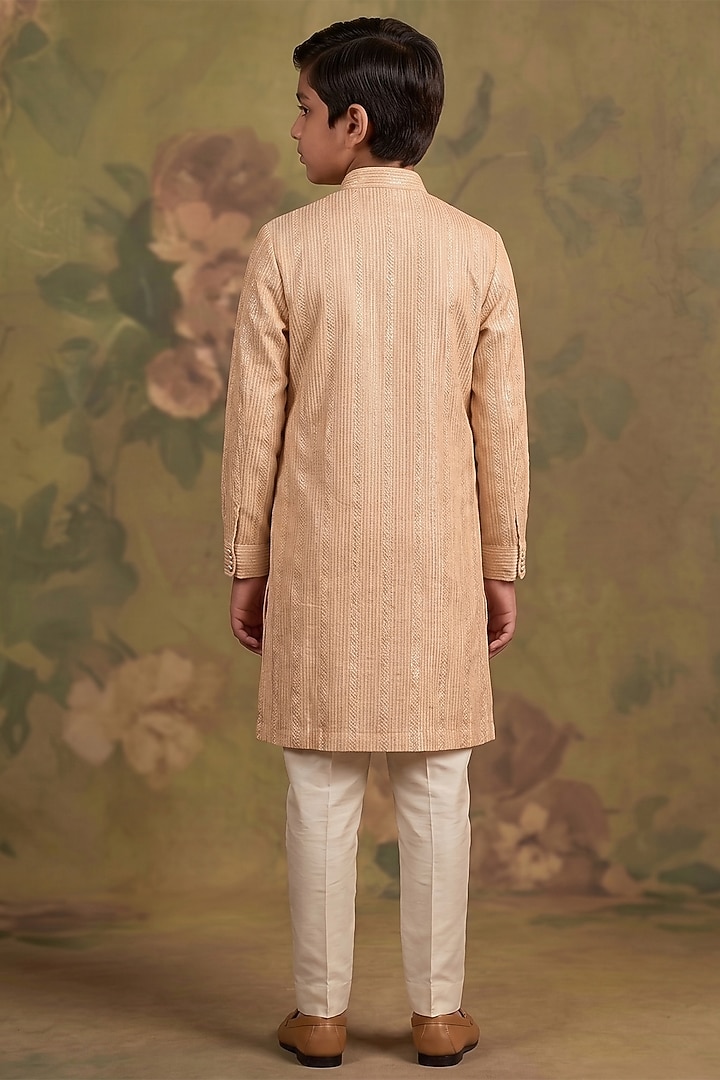 Peach Soft Silk Sequin Embroidered Kurta Set For Boys by Vanshik Kids at Pernia's Pop Up Shop