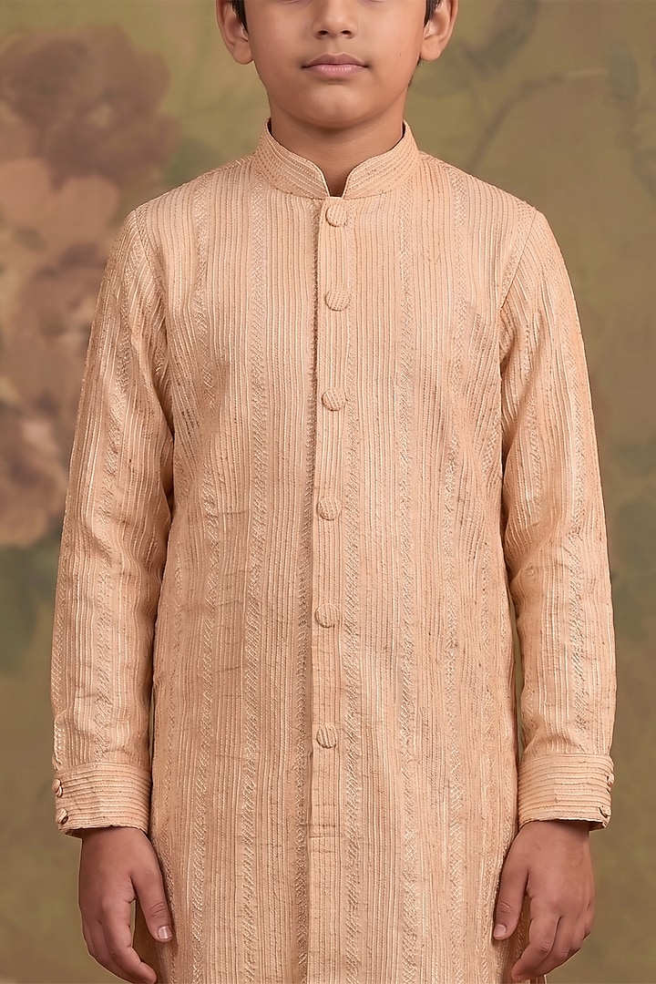 Peach Soft Silk Sequin Embroidered Kurta Set For Boys by Vanshik Kids at Pernia's Pop Up Shop