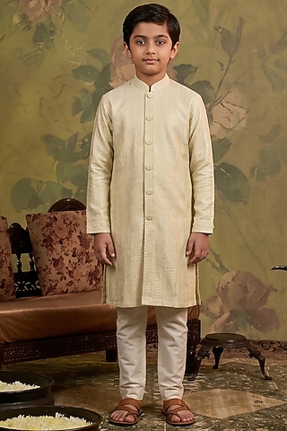 Pearl White Soft Silk Sequin Embroidered Kurta Set For Boys by Vanshik Kids