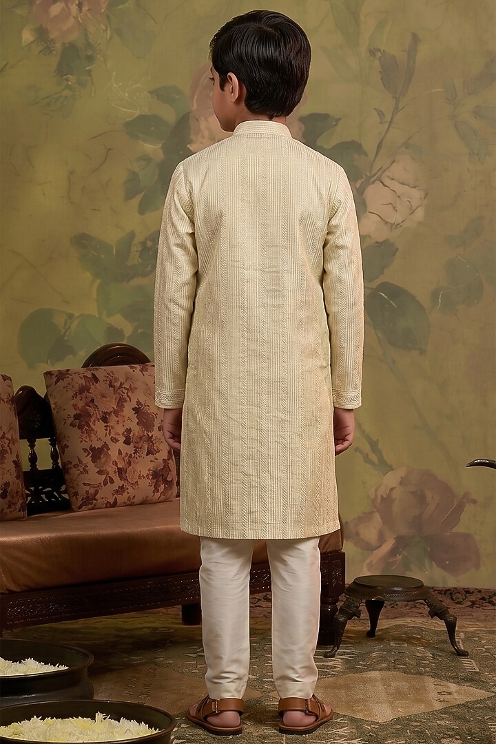 Pearl White Soft Silk Sequin Embroidered Kurta Set For Boys by Vanshik Kids at Pernia's Pop Up Shop