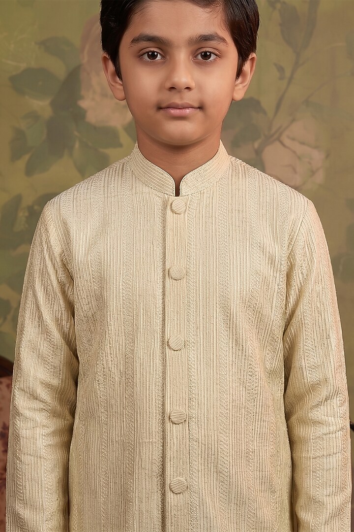 Pearl White Soft Silk Sequin Embroidered Kurta Set For Boys by Vanshik Kids at Pernia's Pop Up Shop