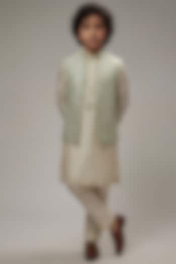 Mint Dupion Silk Embroidered Bundi Jacket Set For Boys by Vanshik Kids at Pernia's Pop Up Shop