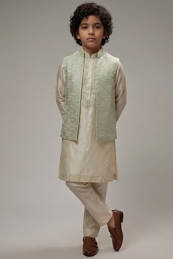 Mint Dupion Silk Embroidered Bundi Jacket Set For Boys by Vanshik Kids at Pernia's Pop Up Shop