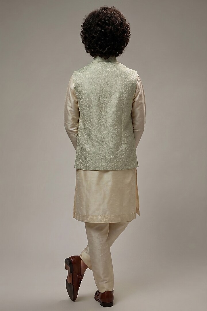 Mint Dupion Silk Embroidered Bundi Jacket Set For Boys by Vanshik Kids at Pernia's Pop Up Shop