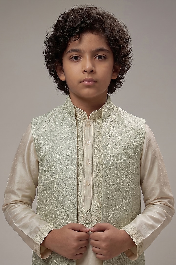 Mint Dupion Silk Embroidered Bundi Jacket Set For Boys by Vanshik Kids at Pernia's Pop Up Shop