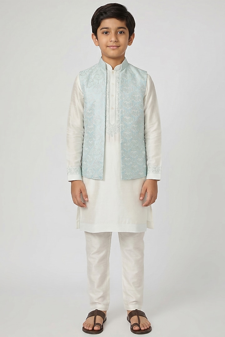 Aqua Dupion Silk Embroidered Bundi Jacket Set For Boys by Vanshik Kids at Pernia's Pop Up Shop