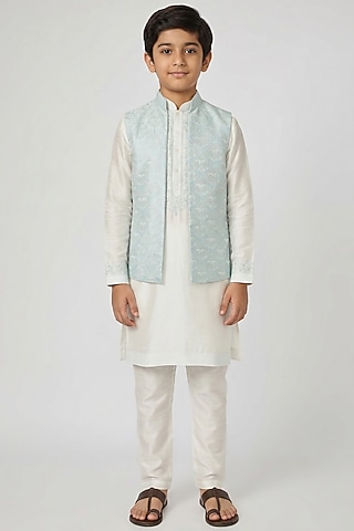 Aqua Dupion Silk Embroidered Bundi Jacket Set For Boys by Vanshik Kids
