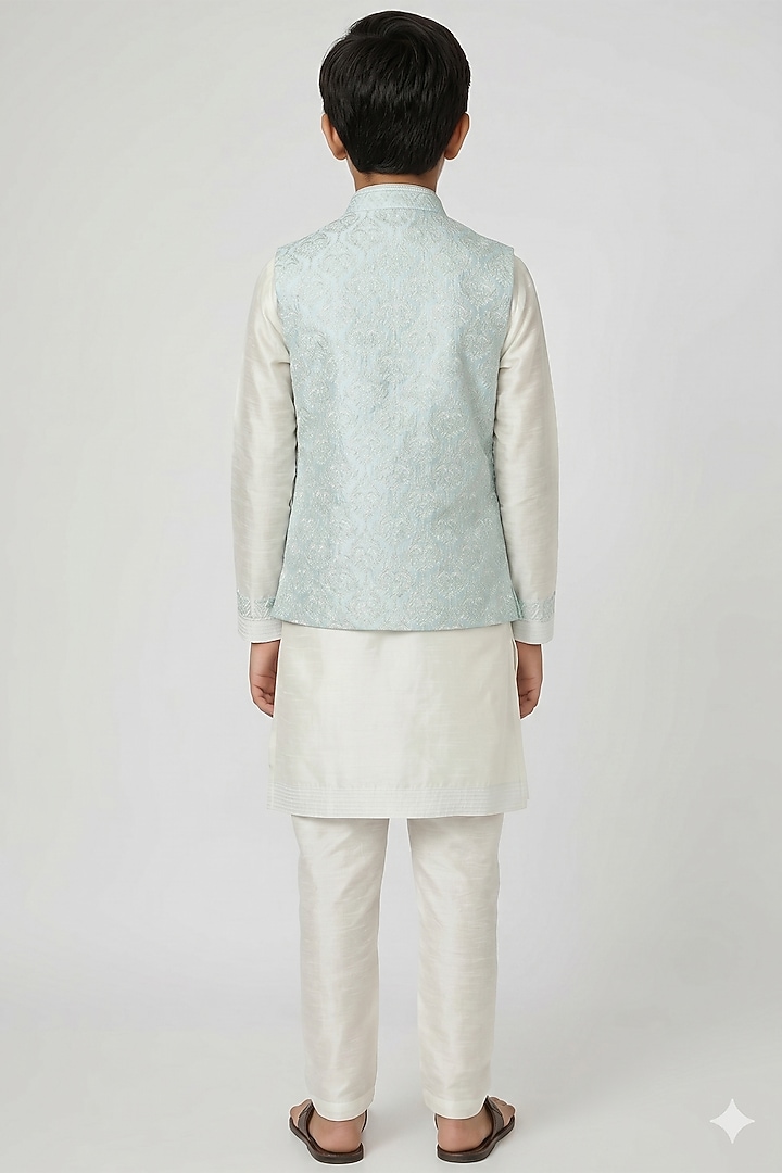 Aqua Dupion Silk Embroidered Bundi Jacket Set For Boys by Vanshik Kids at Pernia's Pop Up Shop