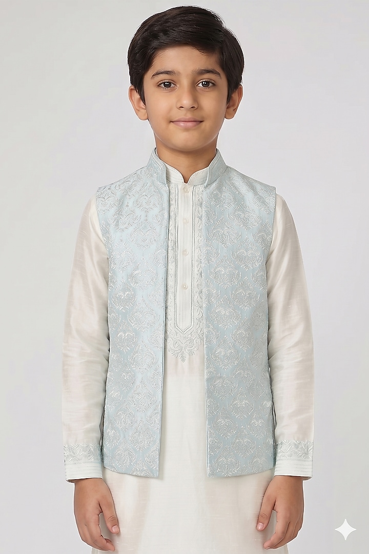 Aqua Dupion Silk Embroidered Bundi Jacket Set For Boys by Vanshik Kids at Pernia's Pop Up Shop