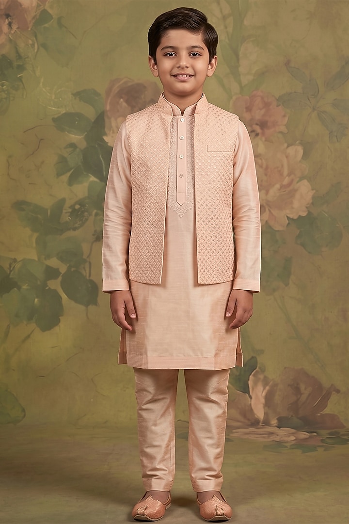 Blush Silk Embroidered Bundi Jacket Set For Boys by Vanshik Kids at Pernia's Pop Up Shop