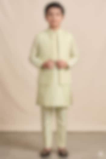 Mint Silk Embroidered Bundi Jacket Set For Boys by Vanshik Kids at Pernia's Pop Up Shop