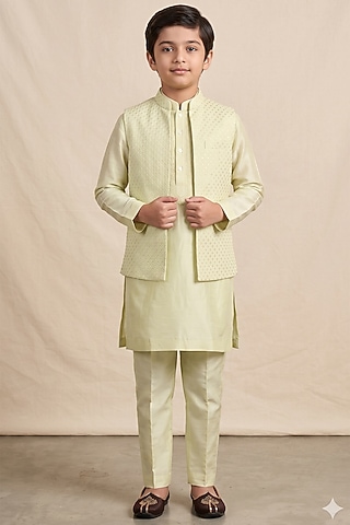 Mint Silk Embroidered Bundi Jacket Set For Boys by Vanshik Kids