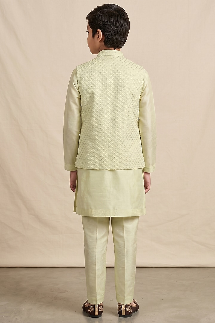 Mint Silk Embroidered Bundi Jacket Set For Boys by Vanshik Kids at Pernia's Pop Up Shop
