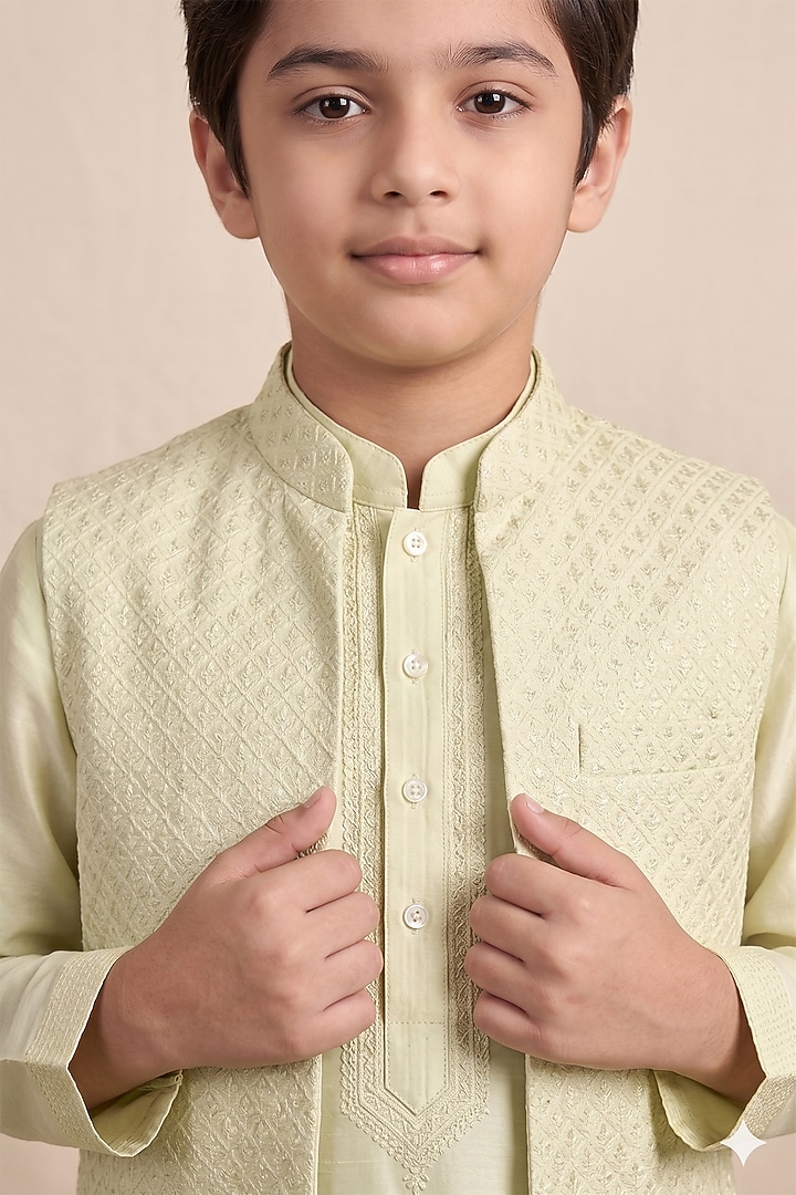 Mint Silk Embroidered Bundi Jacket Set For Boys by Vanshik Kids at Pernia's Pop Up Shop