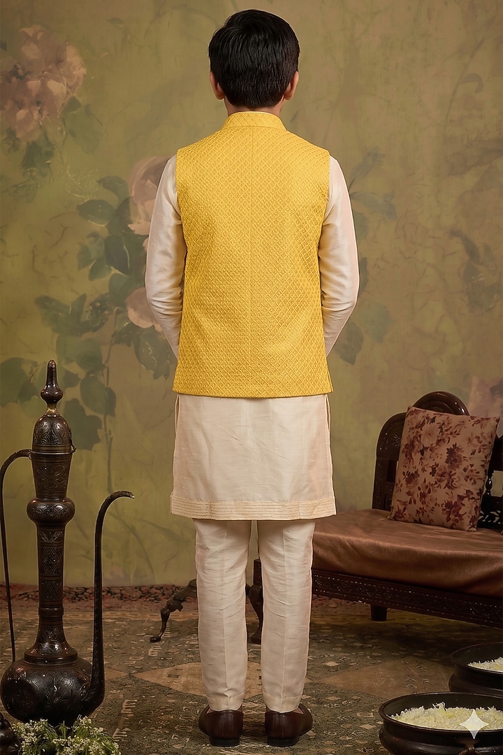 Yellow Silk Embroidered Bundi Jacket Set For Boys by Vanshik Kids at Pernia's Pop Up Shop