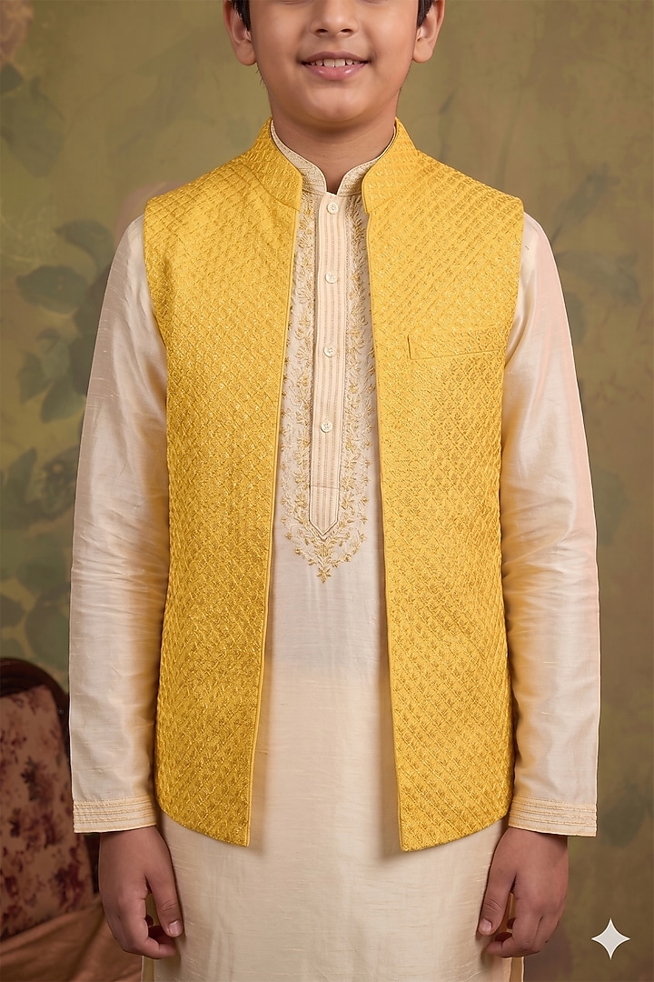 Yellow Silk Embroidered Bundi Jacket Set For Boys by Vanshik Kids at Pernia's Pop Up Shop