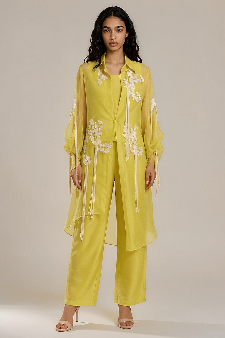 Neon Yellow Organza Applique Embroidered Co-Ord Set by Vanshika Agarwal Label at Pernia's Pop Up Shop