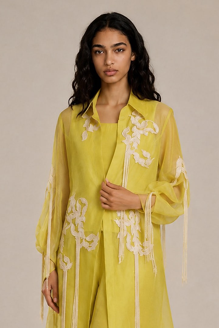 Neon Yellow Organza Applique Embroidered Co-Ord Set by Vanshika Agarwal Label at Pernia's Pop Up Shop
