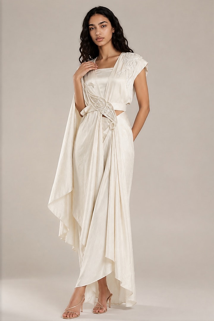 White Bamberg Silk Draped Skirt Set by Vanshika Agarwal Label at Pernia's Pop Up Shop
