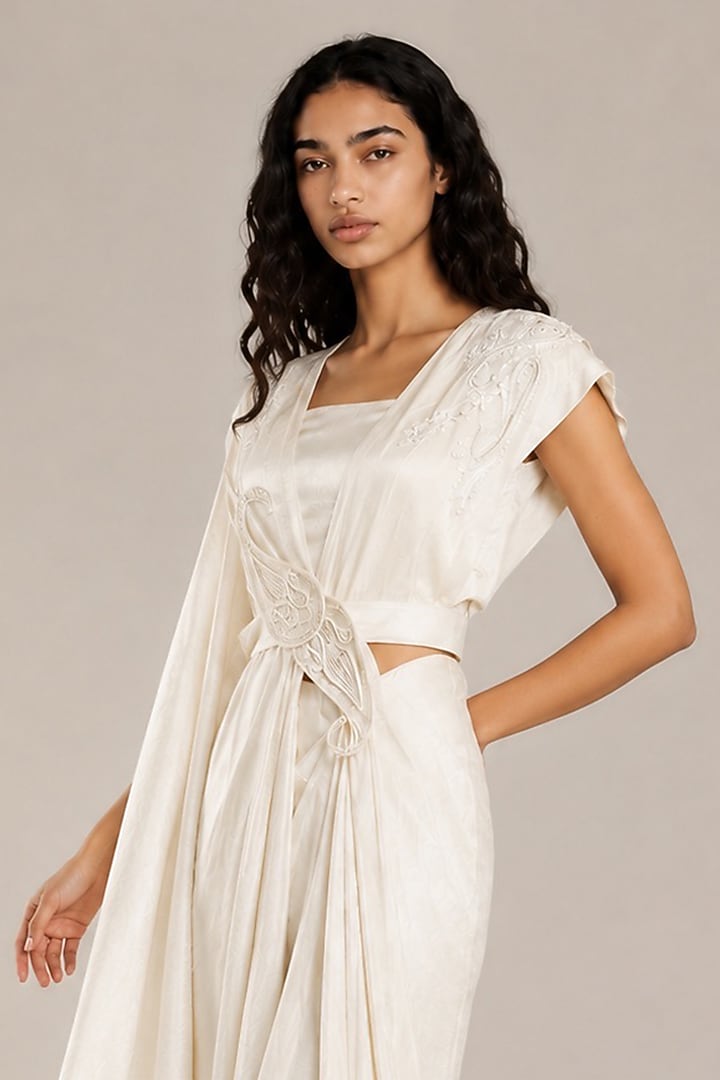 White Bamberg Silk Draped Skirt Set by Vanshika Agarwal Label at Pernia's Pop Up Shop