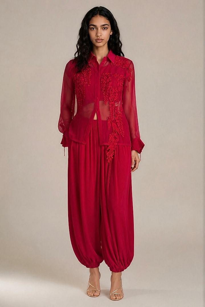 Red Organza Applique Embroidered Co-Ord Set by Vanshika Agarwal Label at Pernia's Pop Up Shop