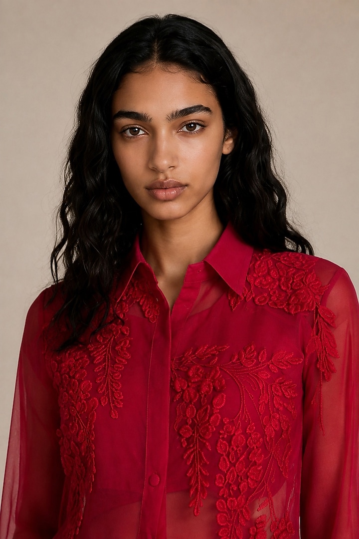 Red Organza Applique Embroidered Co-Ord Set by Vanshika Agarwal Label at Pernia's Pop Up Shop