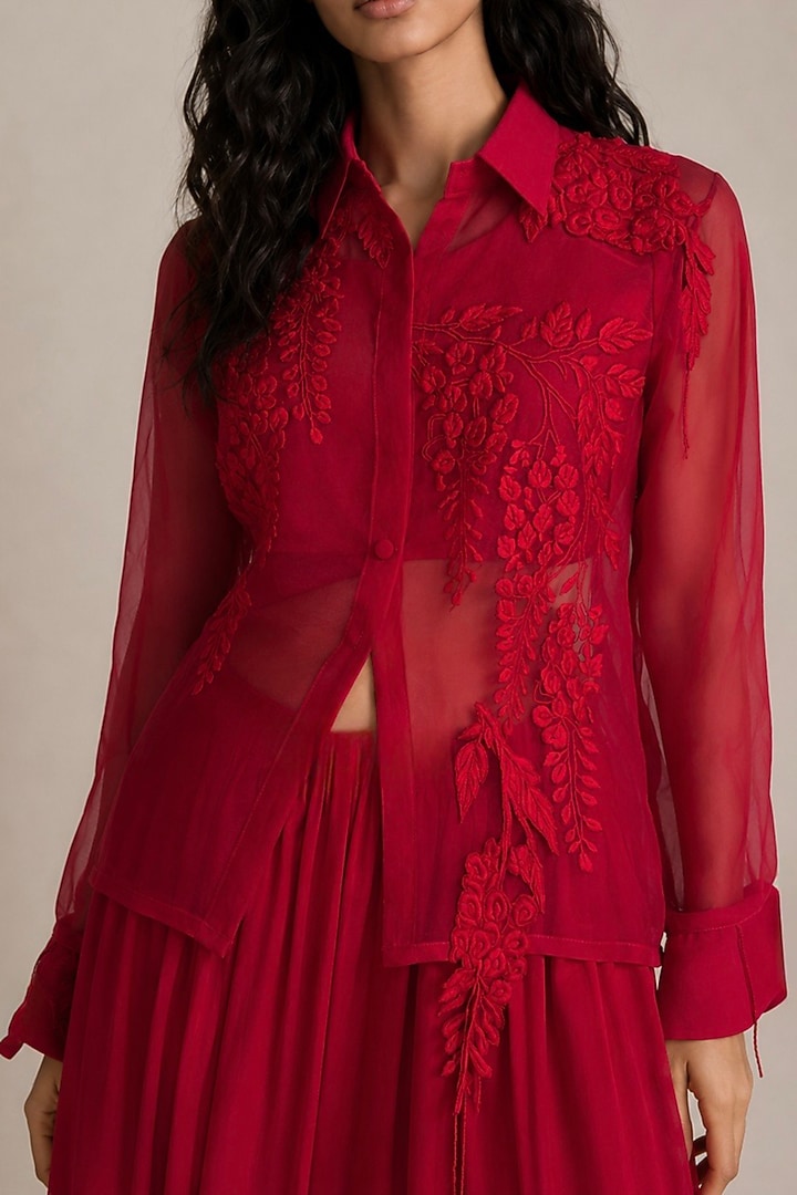 Red Organza Applique Embroidered Co-Ord Set by Vanshika Agarwal Label at Pernia's Pop Up Shop