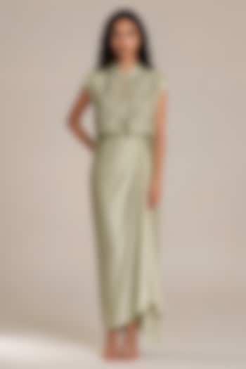 Pista Green Satin Draped Vacation Dress With Jacket by Vanshika Agarwal Label at Pernia's Pop Up Shop