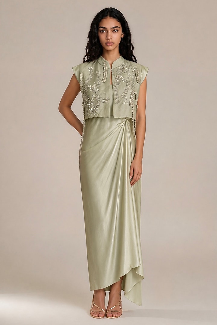 Pista Green Satin Draped Vacation Dress With Jacket by Vanshika Agarwal Label at Pernia's Pop Up Shop
