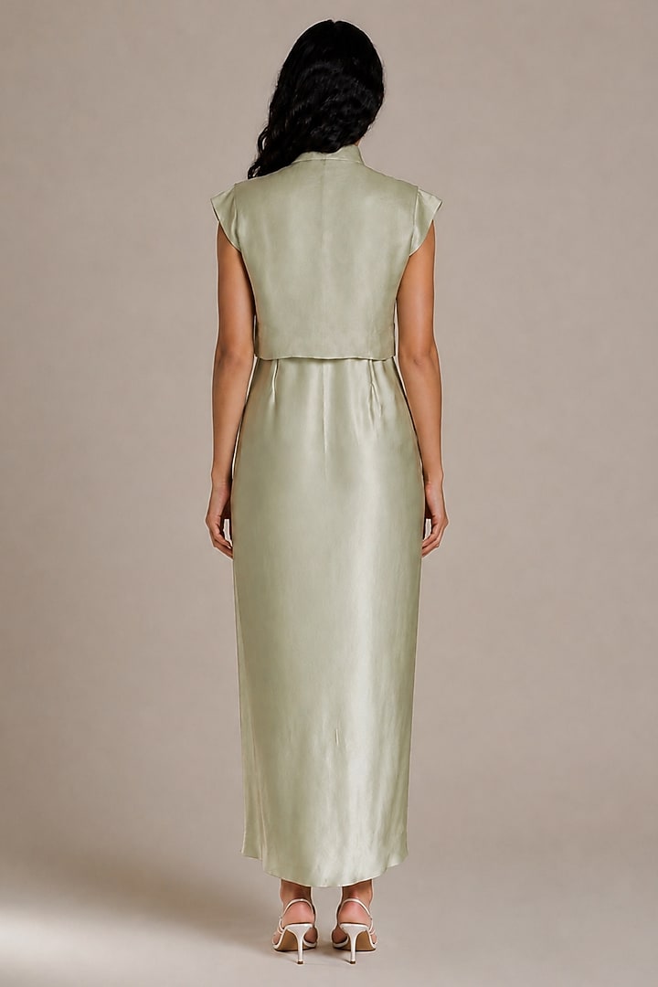 Pista Green Satin Draped Vacation Dress With Jacket by Vanshika Agarwal Label at Pernia's Pop Up Shop