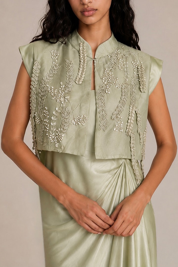 Pista Green Satin Draped Vacation Dress With Jacket by Vanshika Agarwal Label at Pernia's Pop Up Shop
