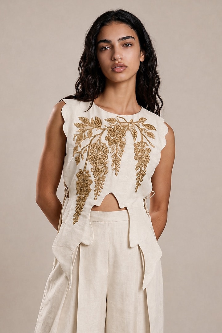 Beige Tissue Embroidered Co-Ord Set by Vanshika Agarwal Label at Pernia's Pop Up Shop