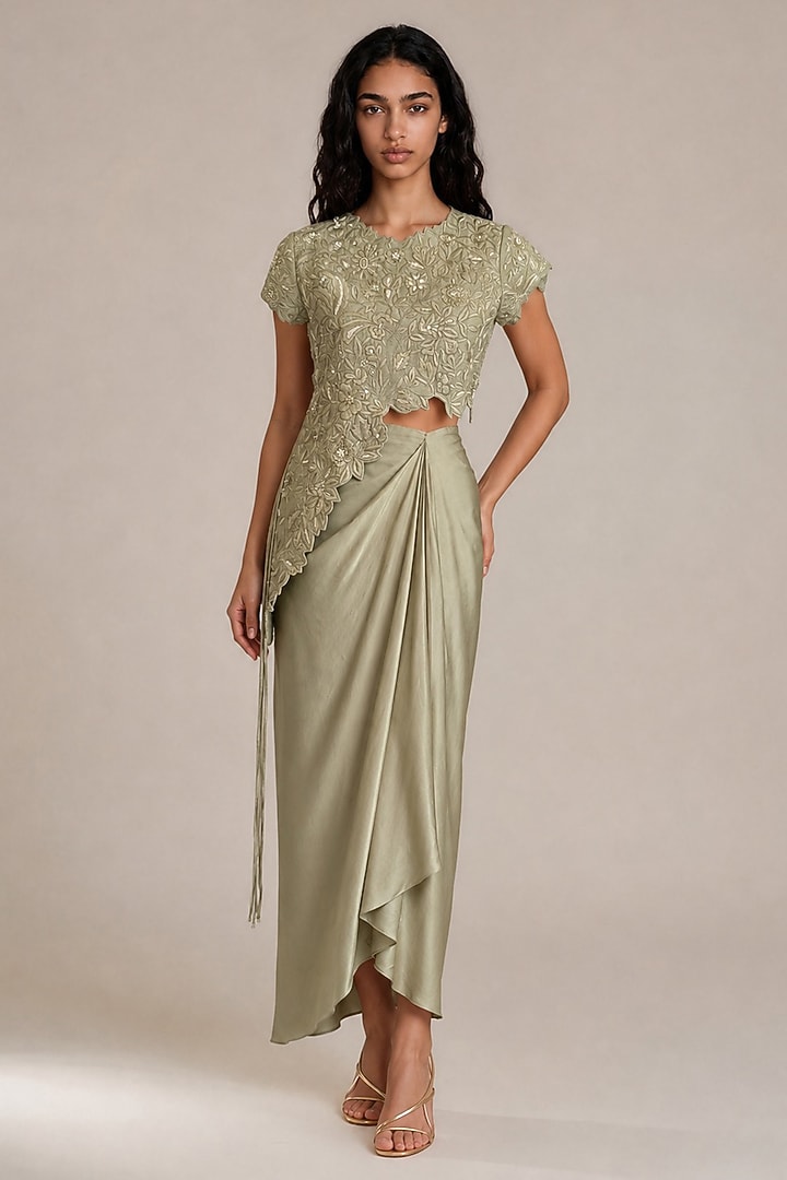 Pista Green Satin Draped Skirt Set by Vanshika Agarwal Label at Pernia's Pop Up Shop