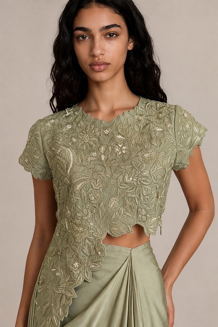 Pista Green Satin Draped Skirt Set by Vanshika Agarwal Label at Pernia's Pop Up Shop