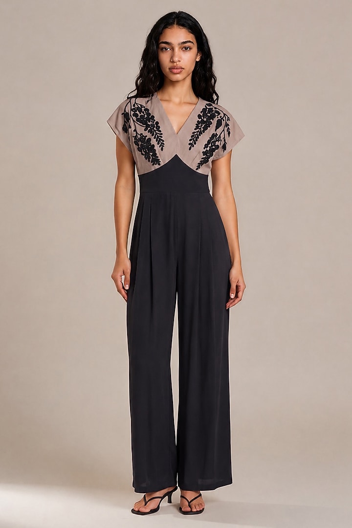 Black & Grey Bamberg Embroidered Jumpsuit by Vanshika Agarwal Label at Pernia's Pop Up Shop