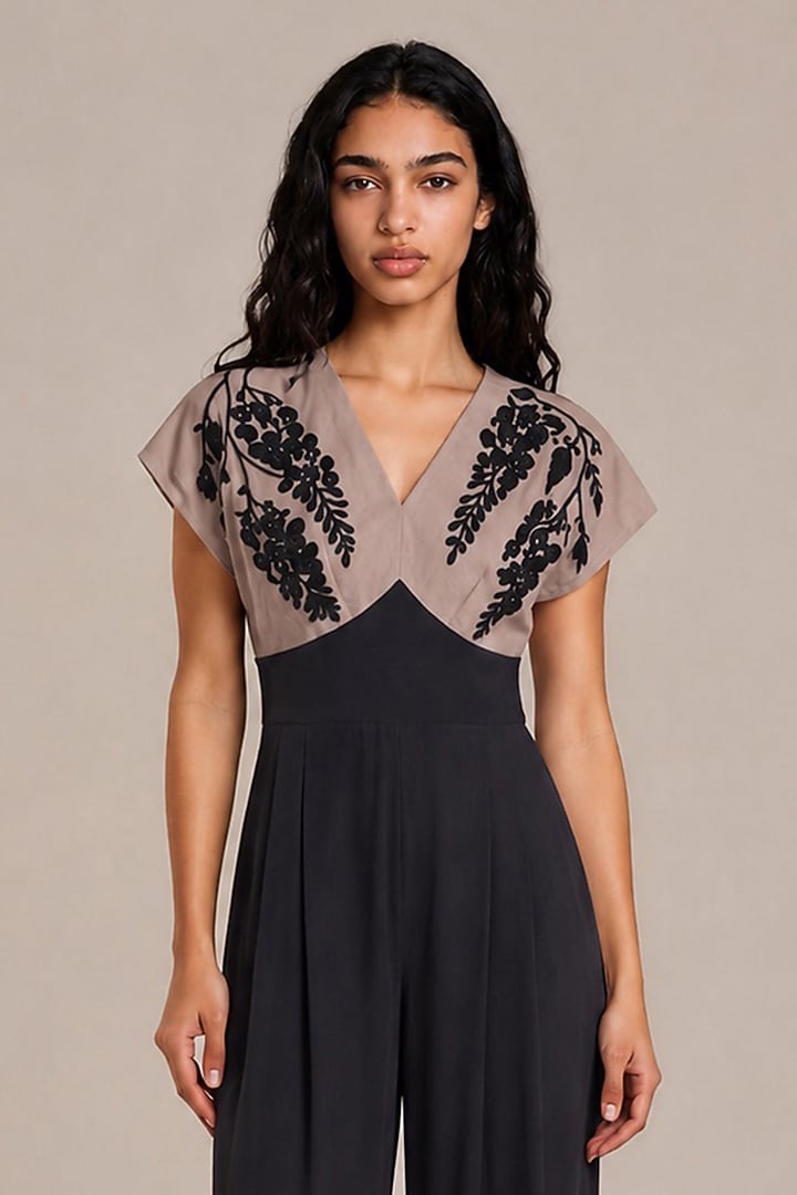 Black & Grey Bamberg Embroidered Jumpsuit by Vanshika Agarwal Label at Pernia's Pop Up Shop