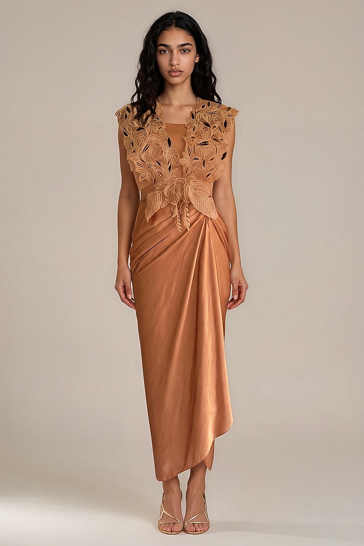 Mustard Satin Draped Vacation Dress With Overlay by Vanshika Agarwal Label at Pernia's Pop Up Shop