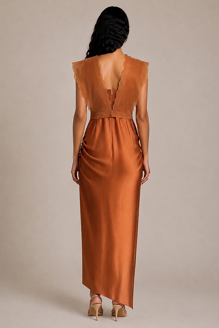 Mustard Satin Draped Vacation Dress With Overlay by Vanshika Agarwal Label at Pernia's Pop Up Shop