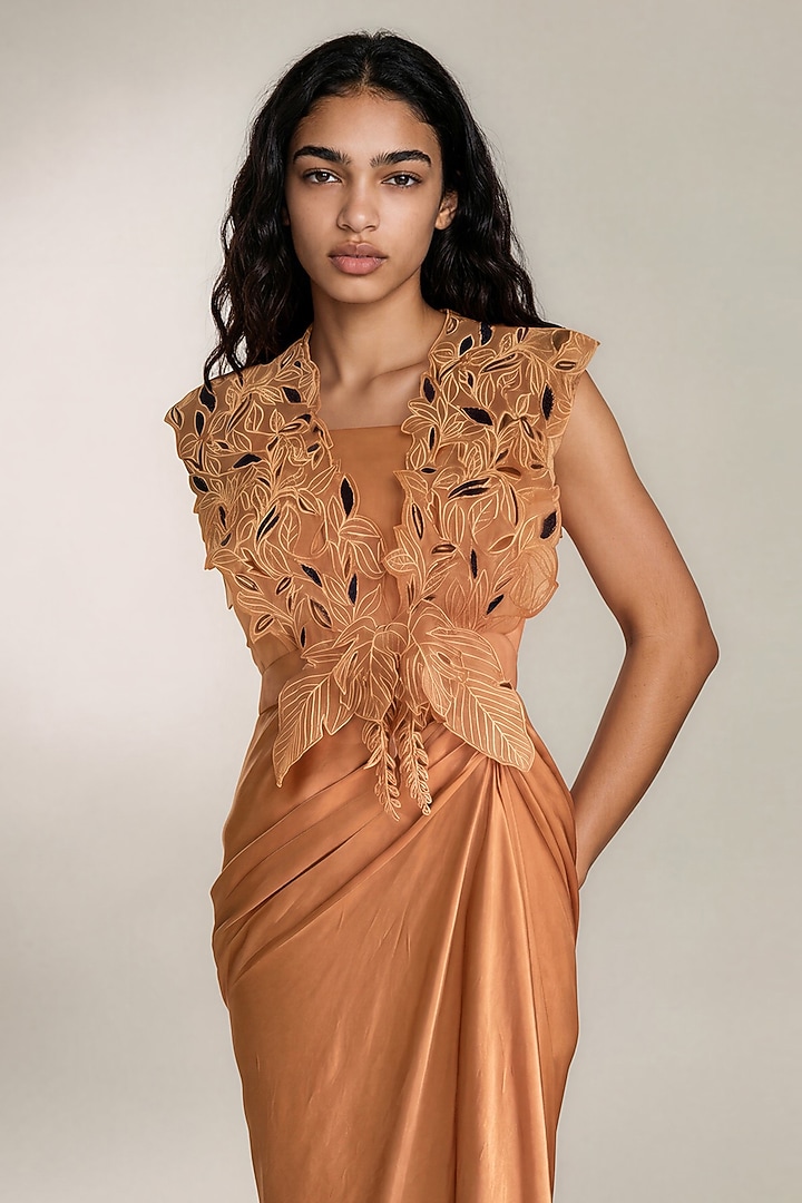 Mustard Satin Draped Vacation Dress With Overlay by Vanshika Agarwal Label at Pernia's Pop Up Shop