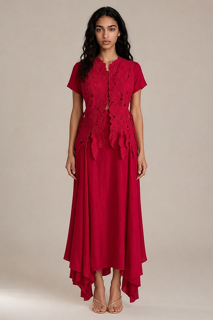Red Bamberg Silk Asymmetric Skirt Set by Vanshika Agarwal Label at Pernia's Pop Up Shop
